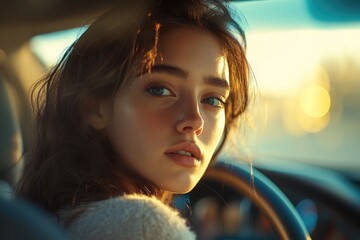 Poster - A woman sits in the driver's seat of a car, ready to hit the road