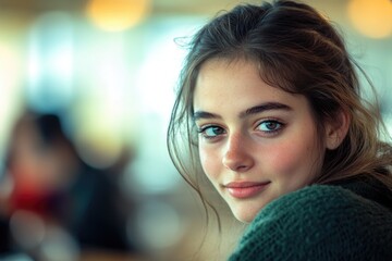 Canvas Print - A woman wearing a green sweater looks directly at the camera