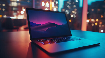 Ultra thin laptop glowing in dimly lit modern office with cityscape background