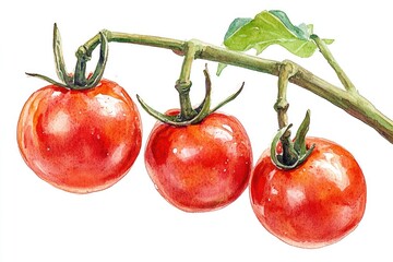 Canvas Print - A still life image of three ripe tomatoes hanging from a branch