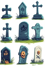 Poster - Graveyard scene with cartoon tombstones featuring skulls and bones, great for Halloween or spooky designs