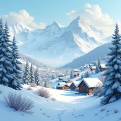 A serene winter landscape showcasing snow-covered mountains and cozy cabins, perfect for promoting travel, holidays, or winter-themed projects.