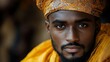 © Helois - Close-up portrait of a young African man wearing a traditional turban and clothing, looking directly at the camera with a serious expression.
