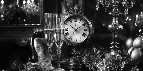 Aufkleber - A clock sitting on top of a table next to a glass of wine, perfect for decorating a study or living room