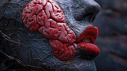 Poster - A close-up shot of a person's face with a brain placed on their forehead, ideal for use in medical or educational contexts