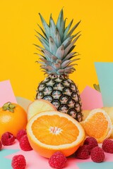Poster - A pineapple sitting on top of a colorful pile of fruit