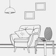 © Shuvro - Interior design with modern living room in black sketch line on white background. Line drawing of Living room with modern furniture editable stroke. Living room line. Modern interior and furniture.
