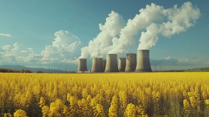 Poster - A serene landscape of a field of yellow flowers with smoke billowing from industrial stacks in the distance