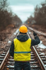 Aufkleber - A person in a yellow safety vest stands on a train track, highlighting the importance of railway maintenance