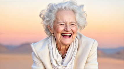 Happy Stylish Elderly Woman Laughing and Having Fun On Blurred  Pink Background