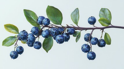 Poster - Fresh blueberries on a stem with lush green leaves and a white background