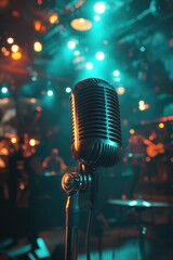 Poster - A microphone stands ready on its stand in front of a stage, waiting for its next use