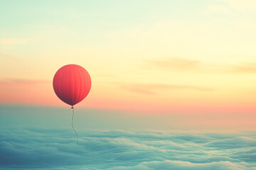 Poster - A red hot air balloon is floating in the sky above a cloudy blue sky