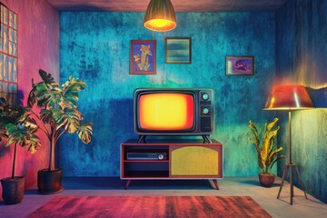 Aufkleber - A cozy living room with a TV and a rug, perfect for relaxation
