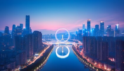 Wall Mural - Starry Night Over a Coastal City with a Ferris Wheel