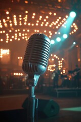 Poster - A vintage microphone placed at the edge of a stage