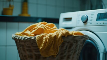 Wall Mural - A laundry basket with a yellow cloth inside, ready for use or storage