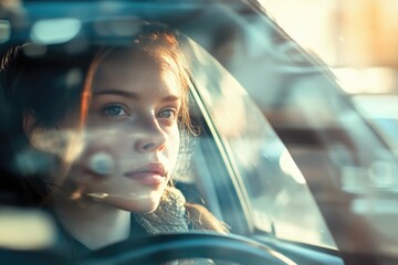 Poster - A woman sitting in a car looking out the window, possibly lost in thought