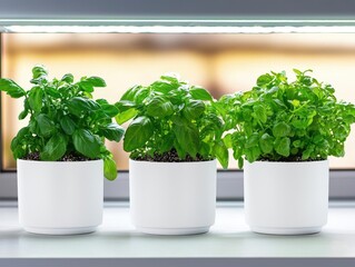 Organic herb garden indoors with automated soil moisture and lighting controls, sustainable home farming