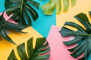 Poster - A collection of vibrant tropical leaves on a bright background, perfect for use in travel or nature-themed designs
