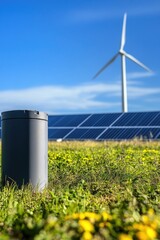 Poster - A trash can sits among grass near a functioning wind turbine, highlighting environmental concerns