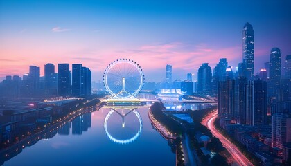 Wall Mural - Starry Night Over a Coastal City with a Ferris Wheel