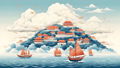 Wall Mural - Majestic ancient structures and graceful sailing vessels drifting above a sea of clouds