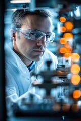 Poster - A scientist in a lab coat and goggles tinkers with a machine, possibly conducting an experiment or maintenance