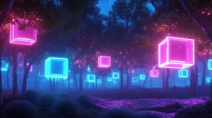 Wall Mural - A surreal forest of glowing neon cubes replaces traditional trees, each geometric form lighting up the night sky in neon brilliance.