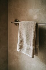 Poster - A towel hangs from a towel bar in a clean and modern bathroom