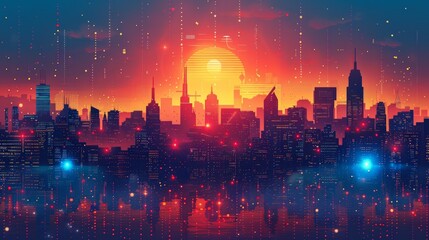 A digital art illustration of a futuristic city skyline with a sunset in the background.  The city is silhouetted against the red and orange sky, and there are digital particles falling from the sky.