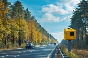 Sticker - A yellow traffic light sits on the side of a road, indicating caution for drivers