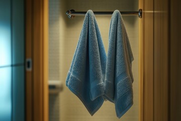Poster - Two blue towels hang from a shower rod in a modern bathroom