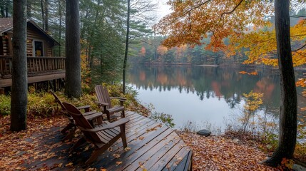 Lakeside cabin with Adirondack chairs, serene greenery, and calm waters, peaceful retreat