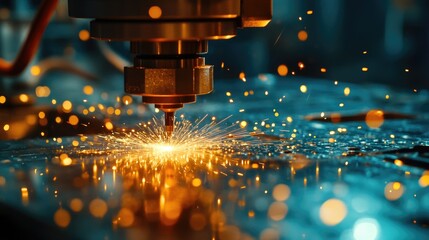 Poster - A machine cutting a piece of metal while sparks fly off