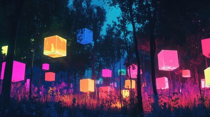 Wall Mural - A surreal forest of neon-lit cubes glows brightly under a pitch-black sky, their geometric shapes casting vivid reflections across the darkness.