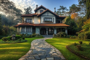 Poster - A large house with a stone pathway leading up to the entrance