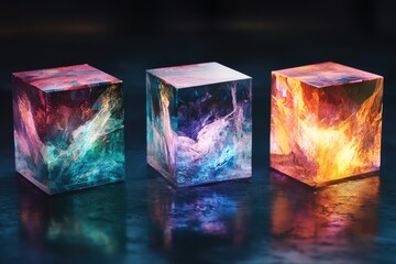 Canvas Print - Three vibrant glass cubes sit on a table, adding a pop of color to the scene