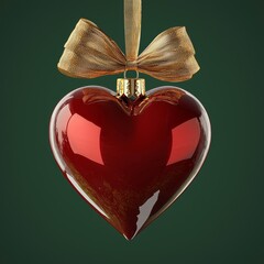 Sticker - three dimensional red heart shiny Christmas tree ornament design wrapped in gold ribbon with bow on top hyper realistic isolated on green background 