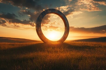 Poster - A circular sculpture catches the sunset's warm glow in a vast open field
