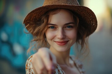 Poster - A woman wearing a hat points at the camera with her finger