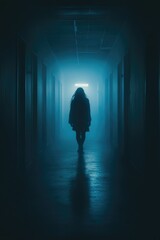 Poster - A person is walking down a dimly lit hallway, the only light coming from a faint glow in the distance