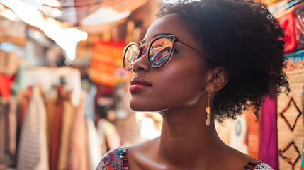 A close-up photo of a black traveler wearing stylish sunglasses, exploring a vibrant market filled with colorful textiles and cultural elements