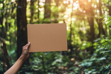 Poster - A person standing in a forest holding up a piece of paper, possibly reading or looking at something