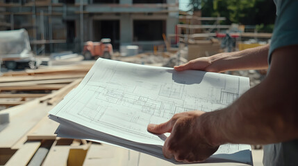 Close-up of hands holding architectural blueprints at a construction site with building development and materials in the background