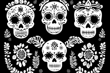 Aufkleber - Four colorful sugar skulls decorated with flowers and leaves