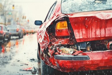 Poster - A red car parked on a rainy day, great for use in weather-related or transportation-themed contexts