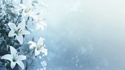 Delicate white lilies with green leaves on a light blue background with copy space.