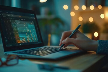 Fototapete - A person typing away on their laptop using a pen, great for office or education scenes