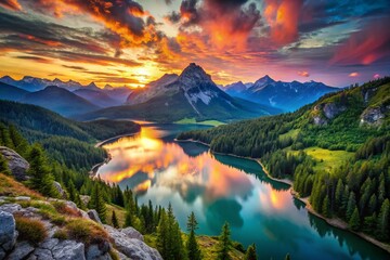 Wall Mural - Majestic mountain landscape with vibrant sunset skies and serene lake reflections in ultra high definition